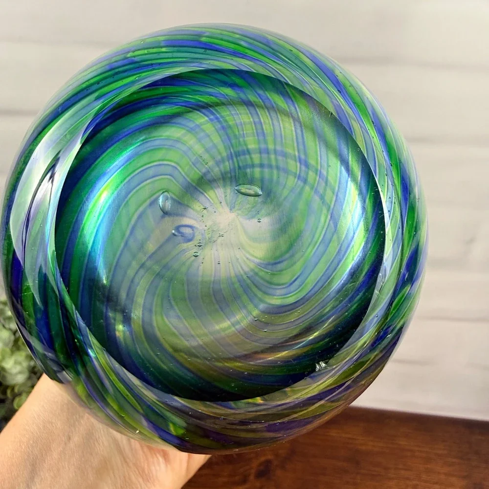 Italian Art Glass Vase Blue Green Striped Blown Glass Murano Mid Century